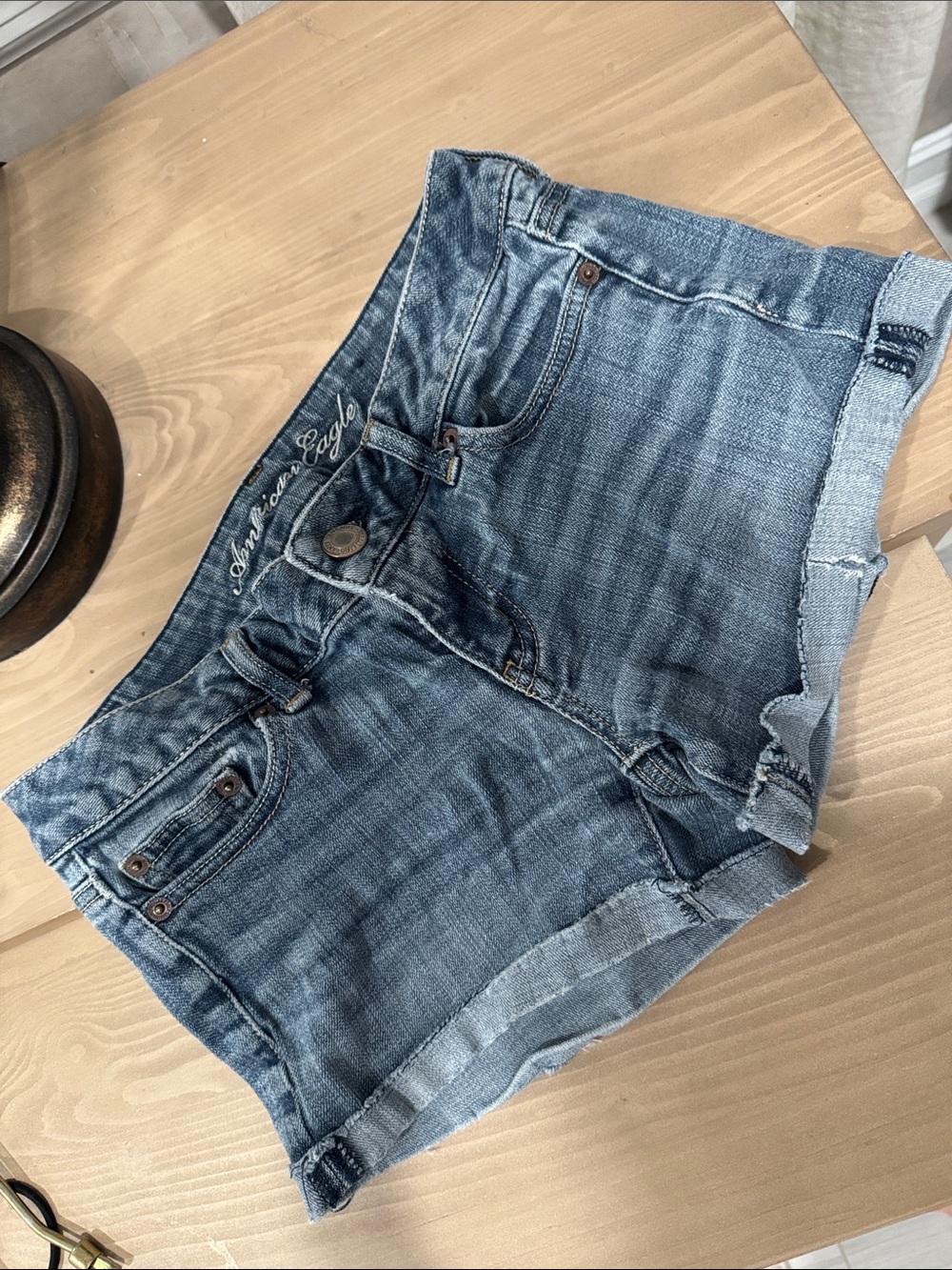 American Eagle Outfitters Distressed Rolled-Hem Denim Shorts - Blue